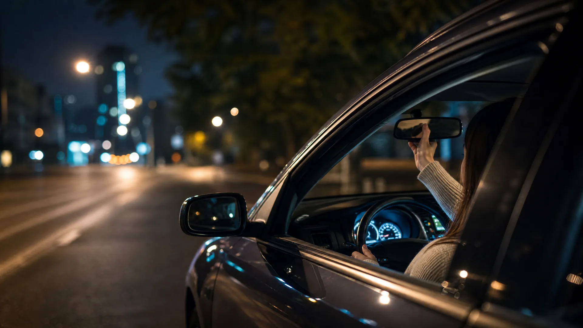 A woman seen through an open car window at night adjusts the rearview mirror while holding the steering wheel, with blurred city lights along the road behind.