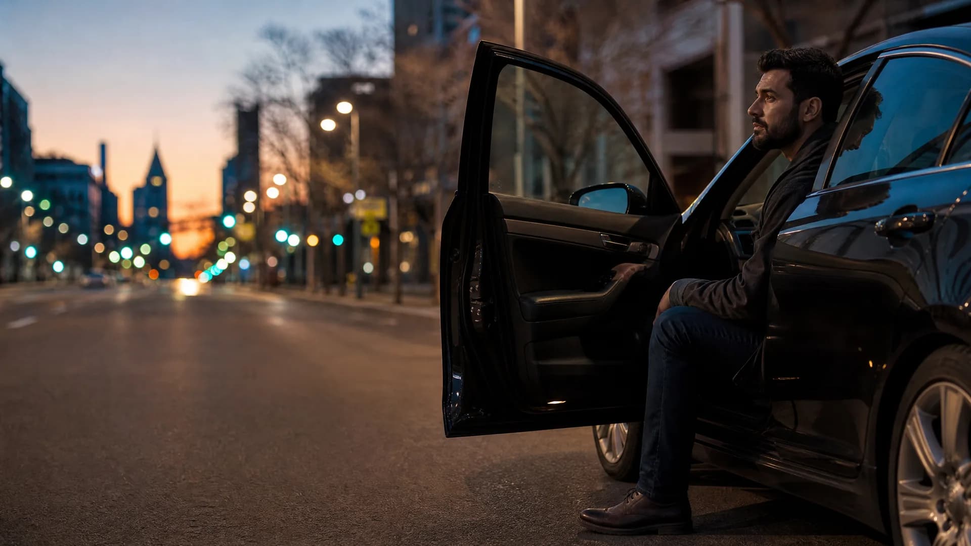 A man sits sideways in the open rear doorway of a dark parked car on a city street at dusk, with blurred buildings, bare trees and traffic lights in the background.