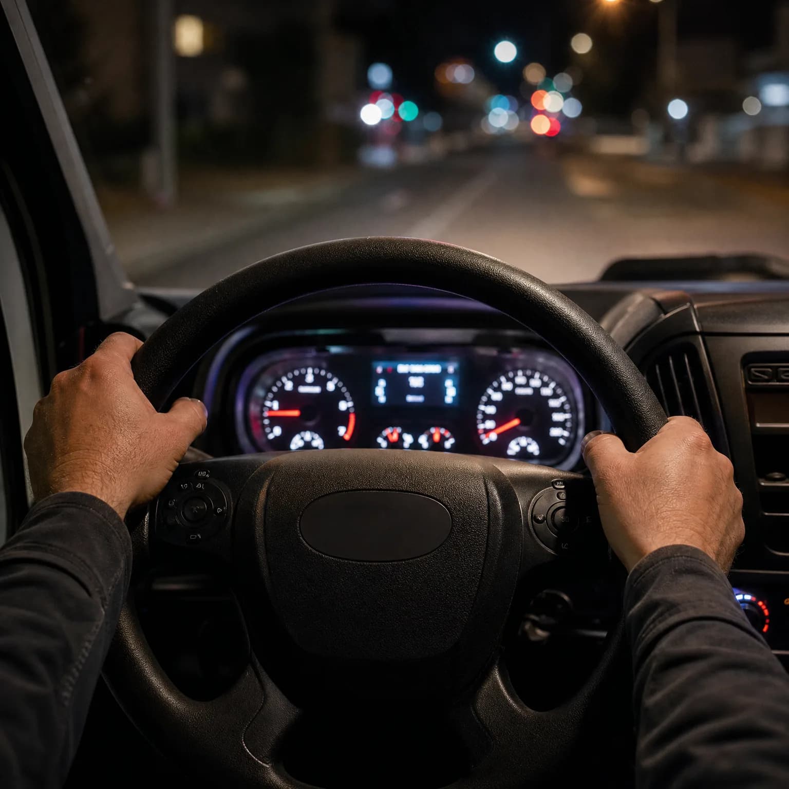 Driver's-eye view from inside a vehicle at night, with two hands gripping the steering wheel, an illuminated instrument cluster, and a dark road with blurred lights ahead.