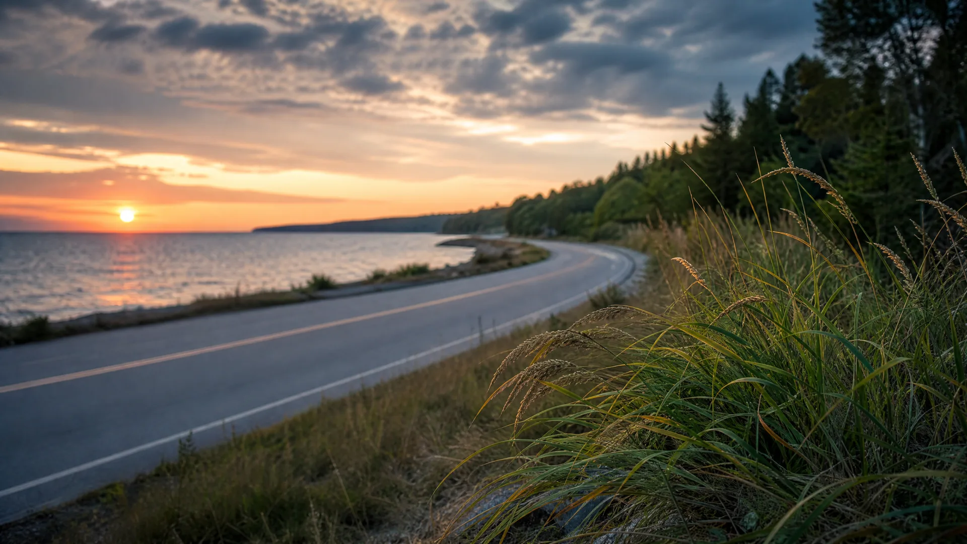 A curving two-lane paved road with painted center and edge lines runs along a shoreline at sunset, with tall grasses in the right foreground and conifer-covered slopes beyond.
